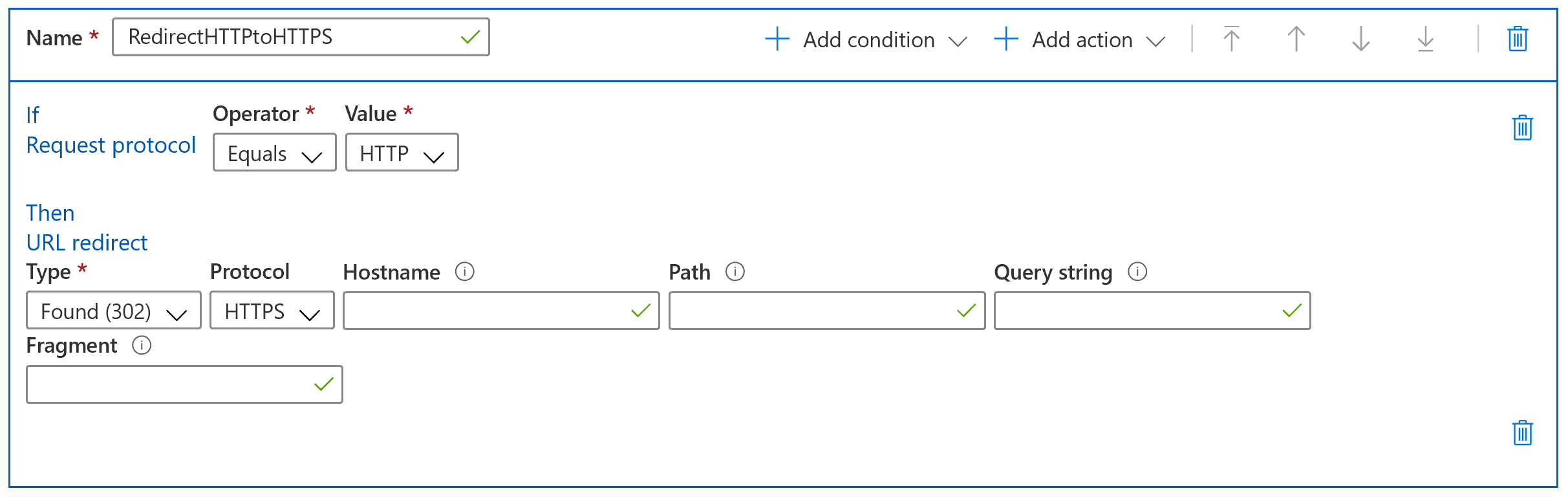 Screenshot of settings for redirecting http to https in Azure CDN