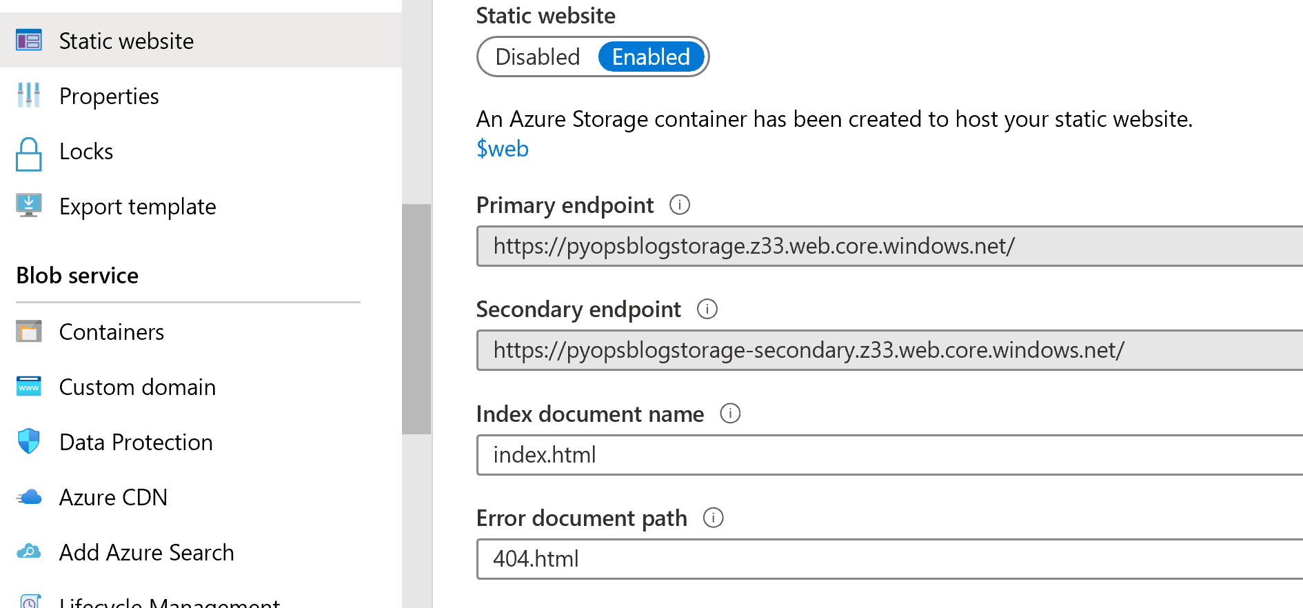 Dashboard of the Azure Storage Static Sites
